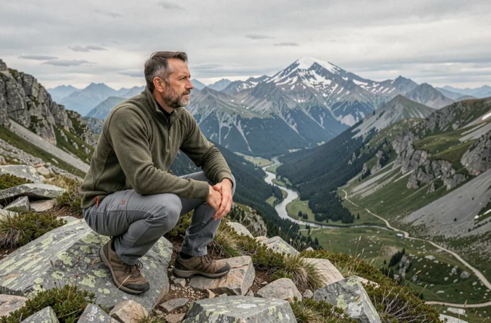 Randonneur contemplant un panorama de montagne depuis une crête rocheuse alpine
