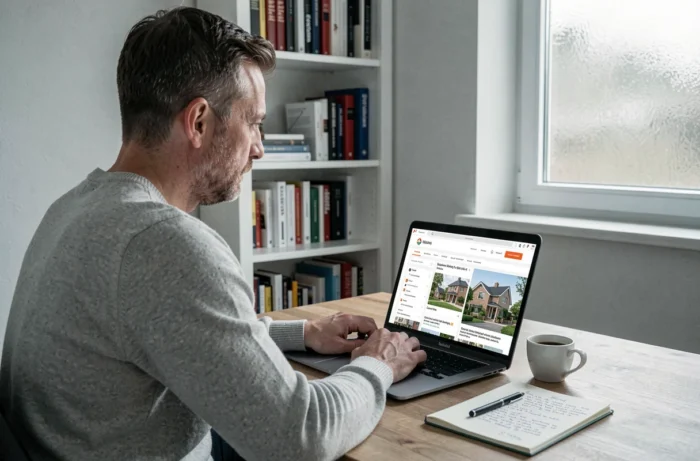 Homem pesquisando anúncios imobiliários na Bélgica em um laptop a partir de seu escritório em casa