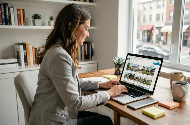 Femme consultant un site de recherche immobilière sur son ordinateur portable dans un bureau moderne