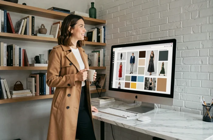 Mulher elegante buscando tendências de moda em uma grande tela de computador em um escritório em casa chique