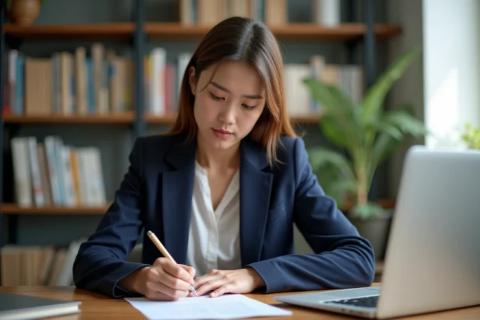 Jeune femme rédigeant une lettre de motivation pour un CAP Vente à son bureau à domicile
