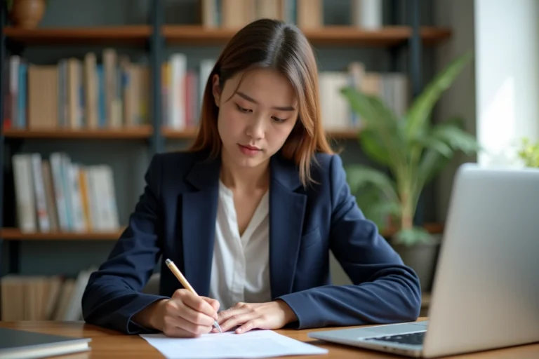 Jeune femme rédigeant une lettre de motivation pour un CAP Vente à son bureau à domicile