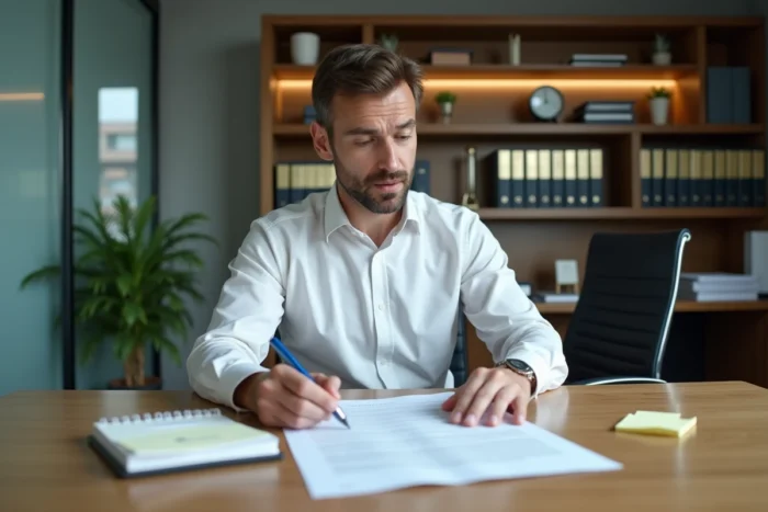 Responsable RH analysant des documents contractuels sur son bureau pour calculer un délai de prévenance en entreprise