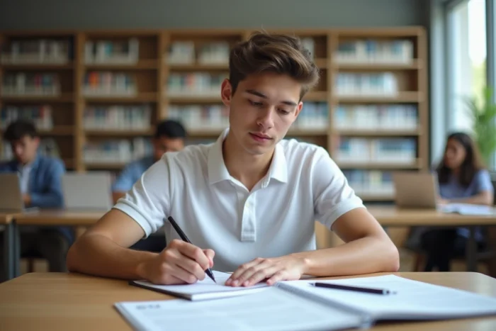 Jeune homme révisant sa lettre de motivation CAP Vente dans une bibliothèque