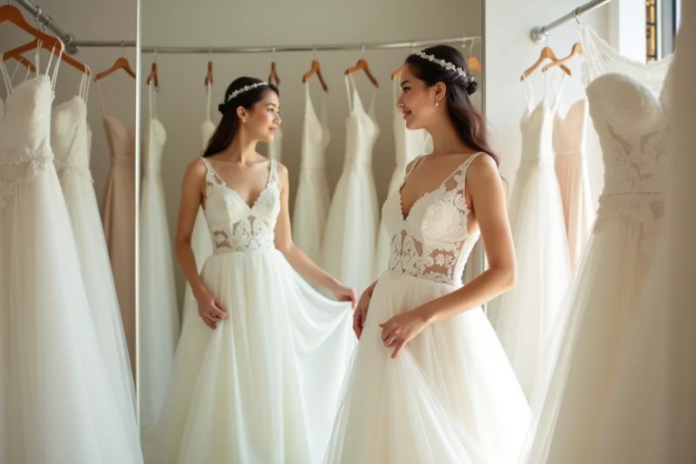 Jeune mariée portant une robe de mariée en dentelle ivoire coupe A dans une boutique Tati, tendance 2024