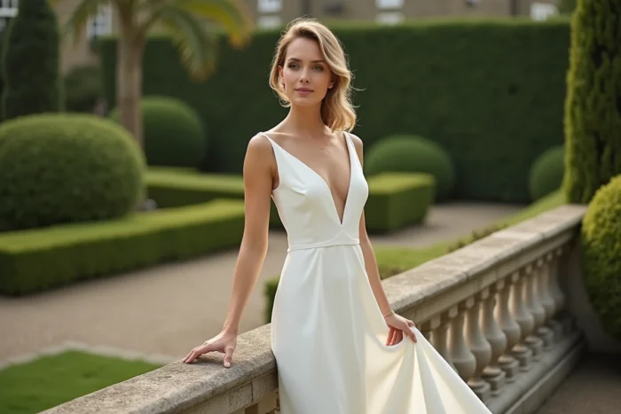 Mariée en robe de mariée minimaliste coupe fourreau dans un jardin, tendance 2024 Tati Mariage