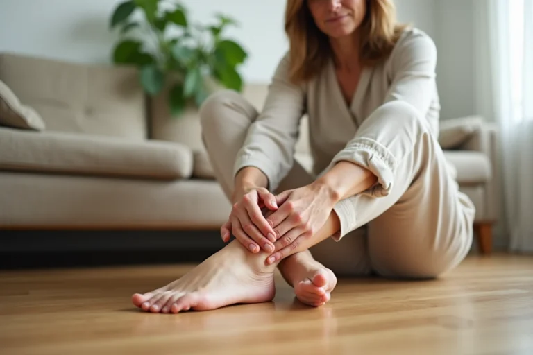 Femme faisant des rotations de cheville assise sur un plancher en bois pour stimuler la circulation du pied
