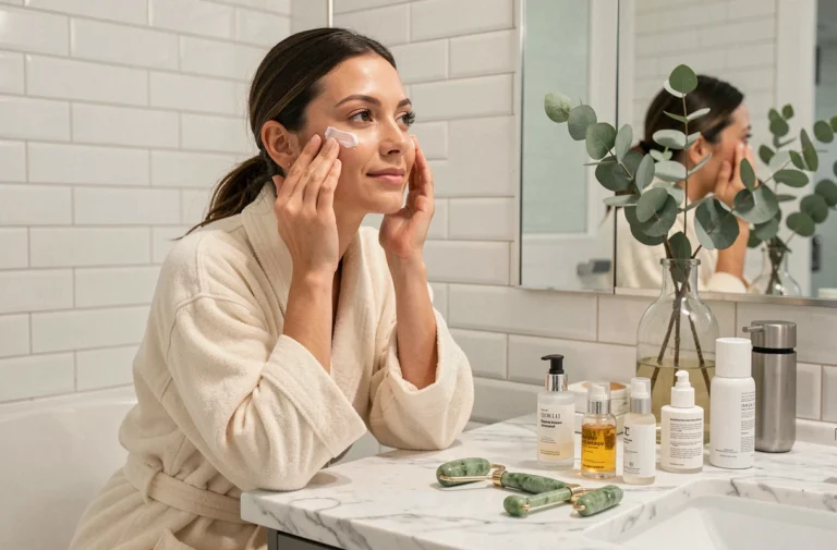 Femme appliquant une crème hydratante devant un miroir dans une salle de bain minimaliste avec des produits de soin soigneusement disposés