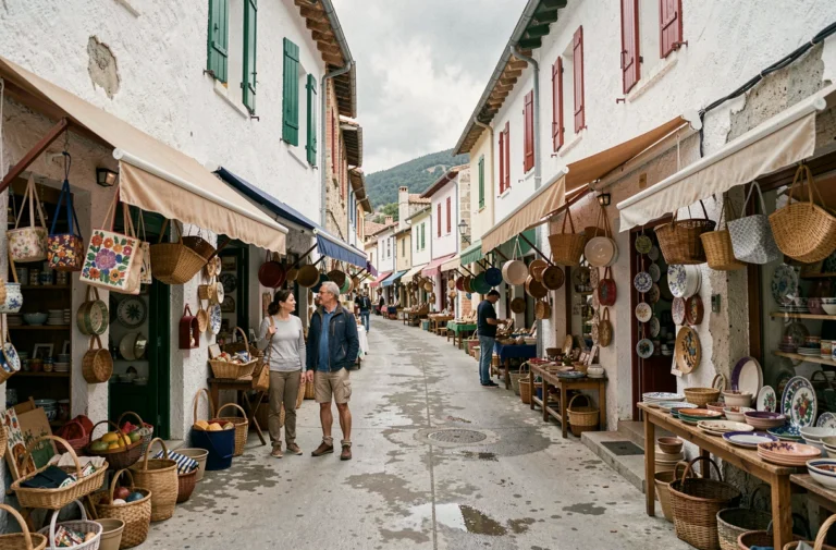 Rue commerçante animée de Dancharia en Espagne avec boutiques de produits locaux et touristes en balade