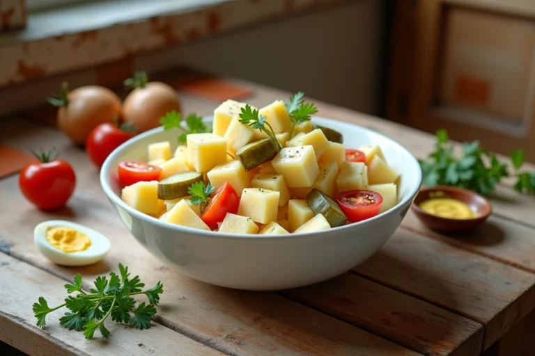 Salade piémontaise traditionnelle dans un bol blanc sur une table en bois rustique, entourée d'ingrédients frais