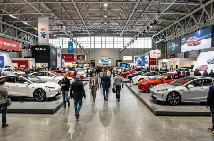 Salon automobile international avec visiteurs découvrant les nouveaux modèles électriques et concepts exposés sur des podiums