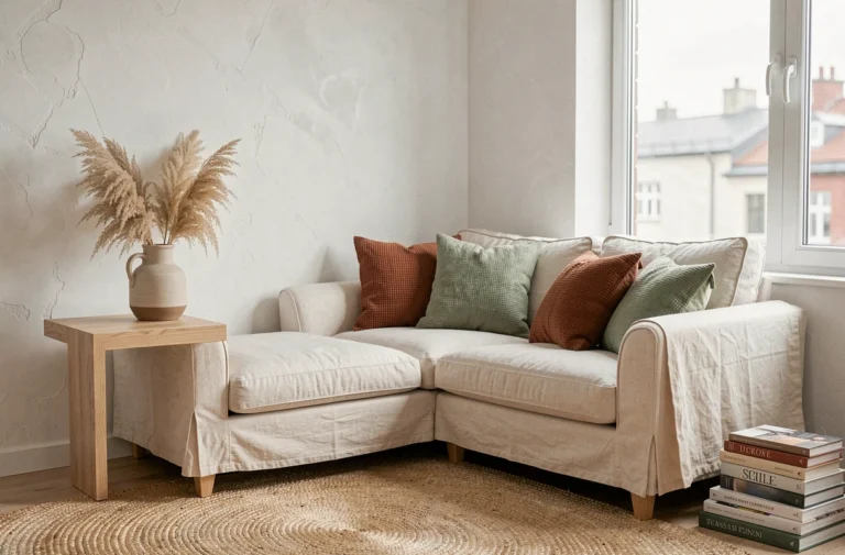 Salon tendance avec canapé en lin crème, coussins texturés et herbe de pampa séchée dans un vase céramique