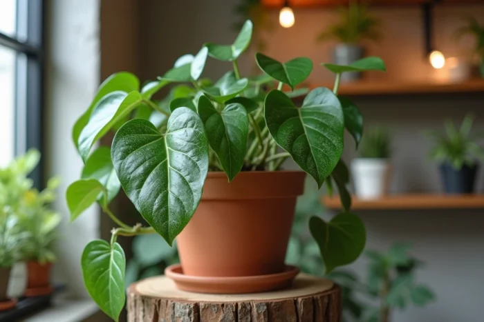 Scindapsus argenté aux feuilles argentées en cœur retombant d'un pot en terre cuite posé sur une étagère en bois flotté