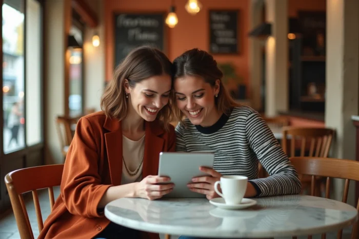 Deux amies comparant des vêtements en ligne sur une tablette dans un café parisien