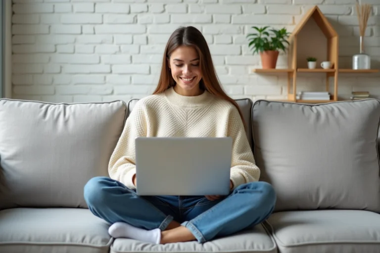 Femme faisant du shopping mode en ligne sur son ordinateur portable depuis son canapé dans un appartement cosy