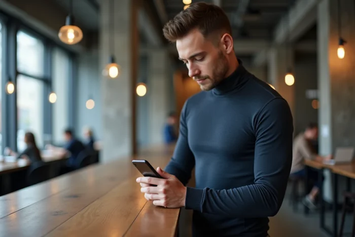 Homme consultant un site de mode en ligne sur smartphone dans un espace de coworking moderne