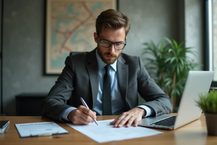 Chef d'entreprise signant un contrat juridique officiel dans un bureau moderne européen