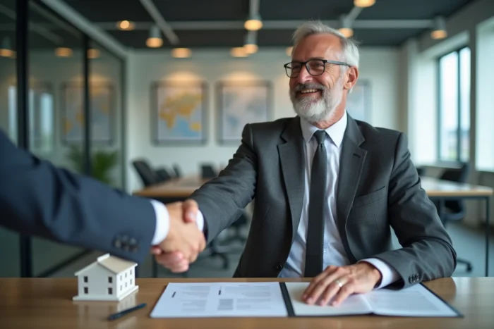Signature d'un contrat immobilier lors d'une vente entre un agent et un client dans une agence immobilière contemporaine
