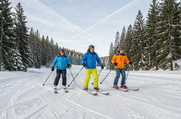 Gruppe von erwachsenen Skifahrern, die während eines Weihnachtsaufenthalts in einem alpinen Skigebiet eine verschneite Piste in Les Menuires hinunterfahren