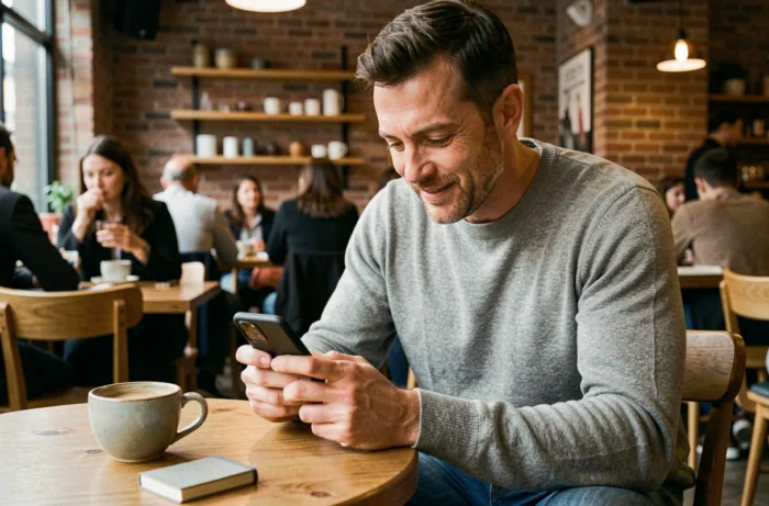 Homme utilisant une application financière sur smartphone dans un café urbain pour obtenir des solutions financières en ligne rapidement