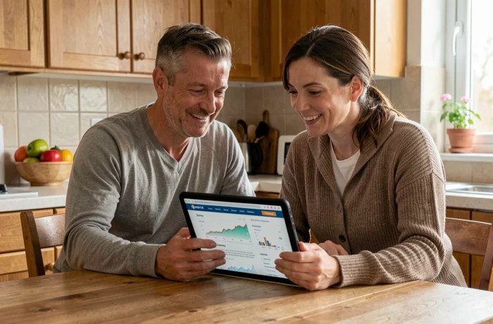 Couple consultant des solutions financières rapides en ligne sur une tablette dans leur cuisine familiale