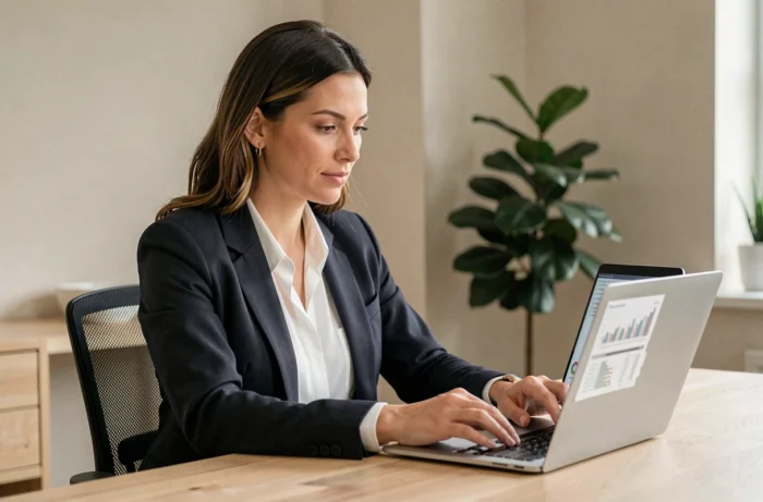 Femme professionnelle consultant des solutions financières en ligne sur son ordinateur portable dans un bureau à domicile moderne
