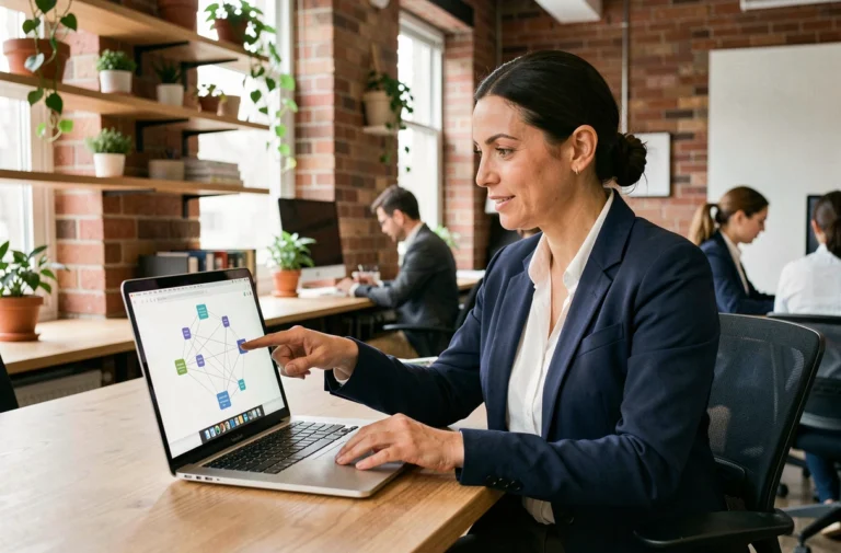Femme professionnelle analysant une stratégie de backlinks sur un ordinateur portable dans un bureau moderne