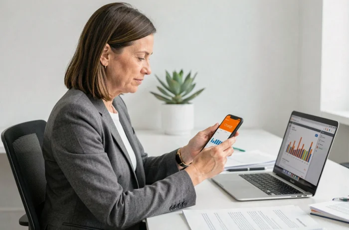 Femme en bureau consultant le suivi de consommation internet Orange sur son téléphone mobile