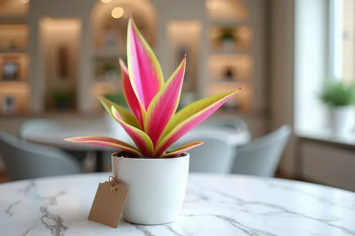 Syngonium néon aux feuilles rose vif et vert lime dans un pot blanc posé sur un plan en marbre avec une étiquette cadeau