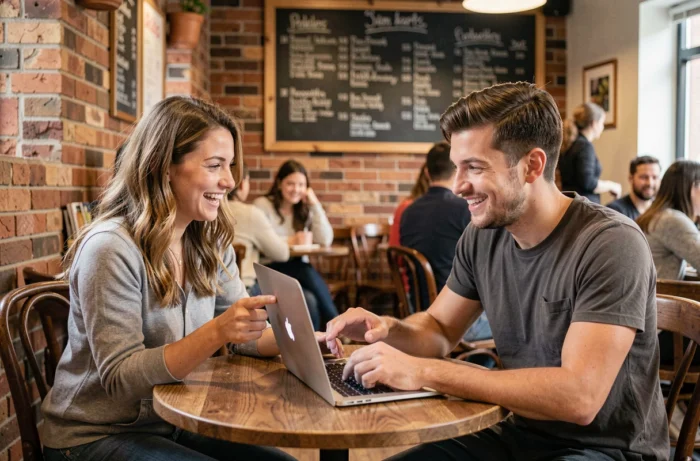 Dos estudiantes compartiendo sus testimonios y opiniones sobre Student Pop alrededor de un café