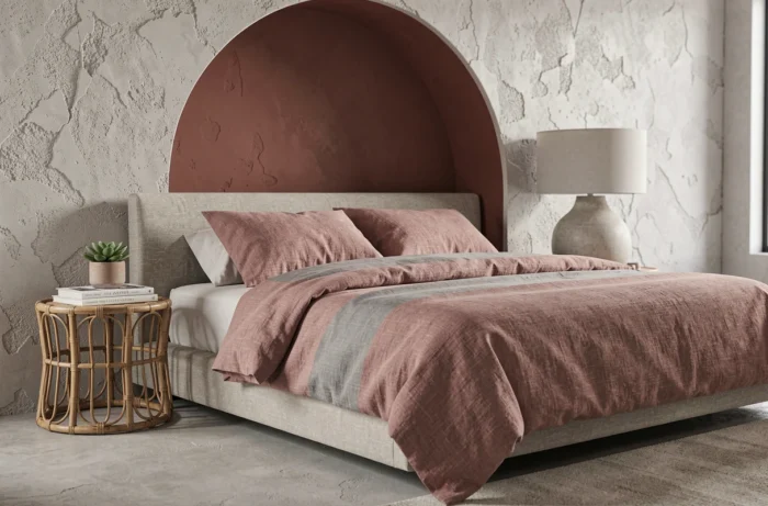 Chambre tendance 2024 avec lit plateforme en lin froissé rose poussiéreux, niche en arc terracotta et table de chevet en rotin naturel