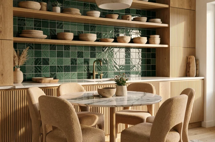 Cuisine et salle à manger tendance 2024 avec étagères en chêne cannelé, carreaux zellige vert forêt et table ronde en marbre blanc