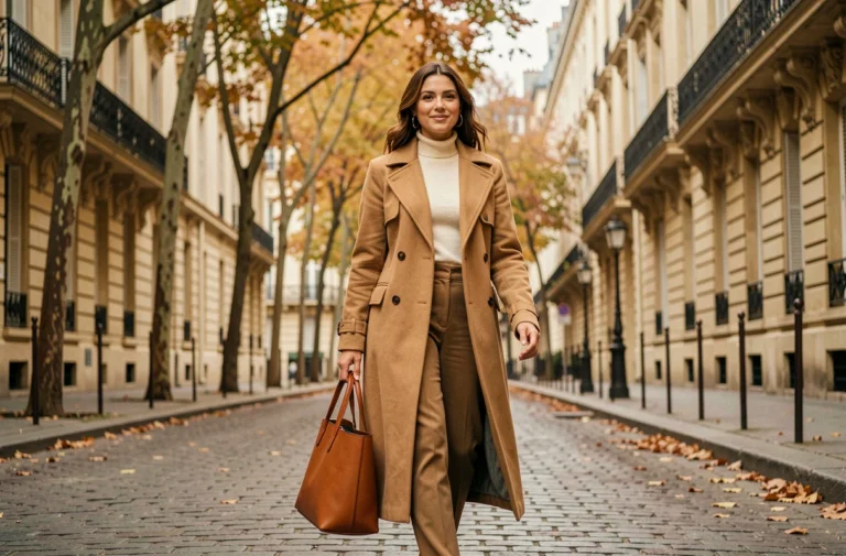 Femme élégante en trench coat camel marchant sur un pavé parisien en automne, illustrant les tendances mode 2024
