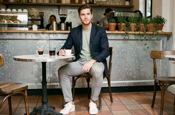 Homme stylé en blazer marine et chino gris assis dans un café parisien, conseils mode homme tendances 2024