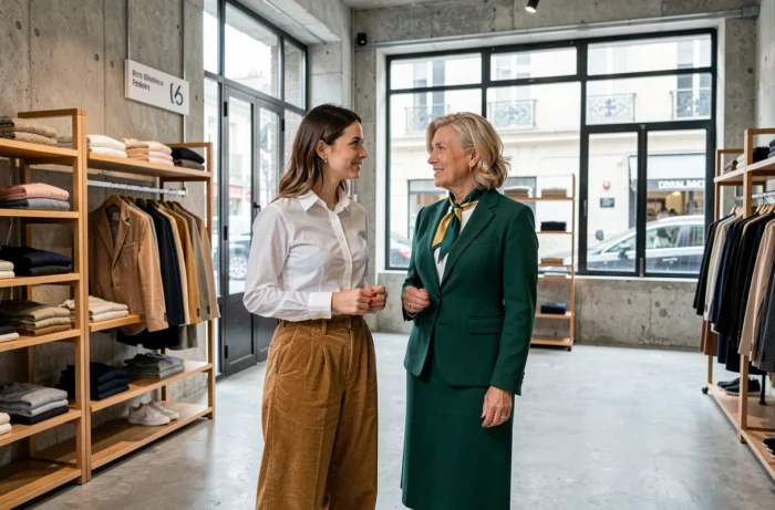 Deux femmes aux styles différents faisant du shopping dans une boutique de mode parisienne, tendances vestimentaires 2024