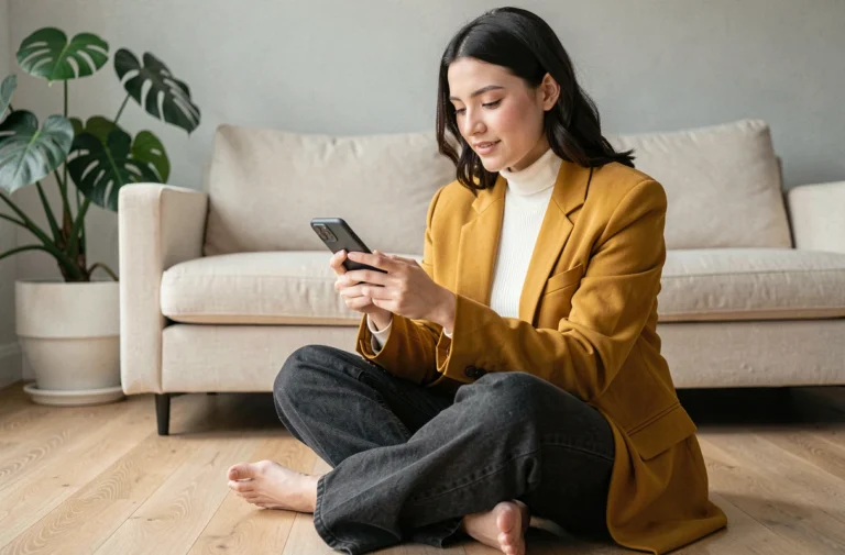 Jeune femme parcourant les dernières tendances mode sur son smartphone dans un appartement moderne et minimaliste