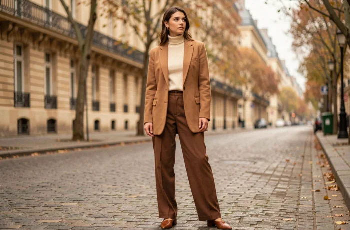 Jeune femme élégante portant un blazer camel oversize et un pantalon large marron dans une rue parisienne pavée en automne, tenue mode tendance saison
