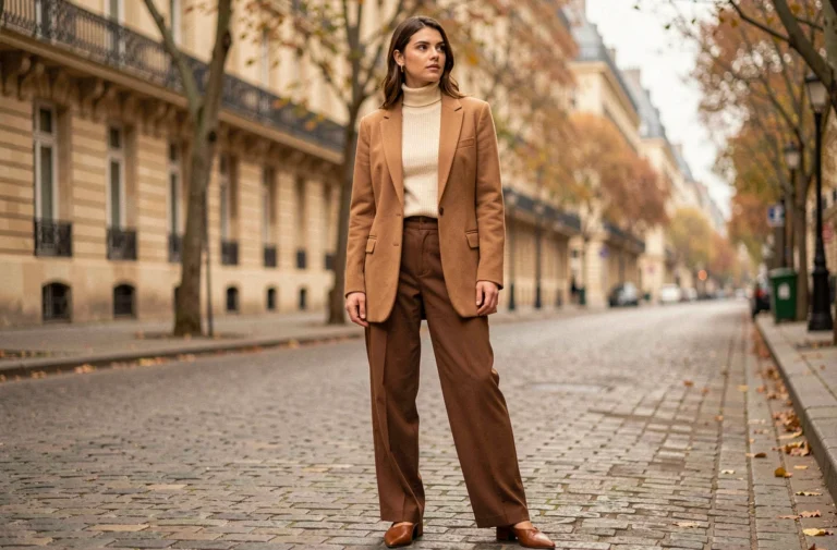 Jeune femme élégante portant un blazer camel oversize et un pantalon large marron dans une rue parisienne pavée en automne, tenue mode tendance saison