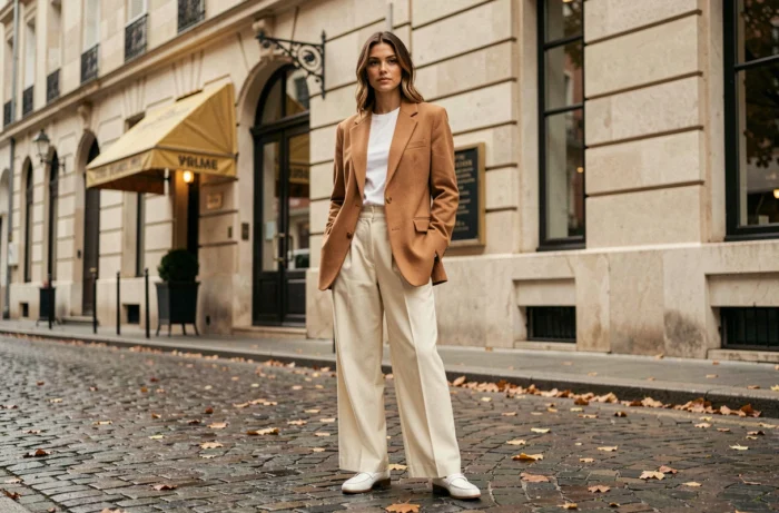 Femme élégante portant un blazer camel oversize et un pantalon large crème dans une rue pavée parisienne, tendances mode automne