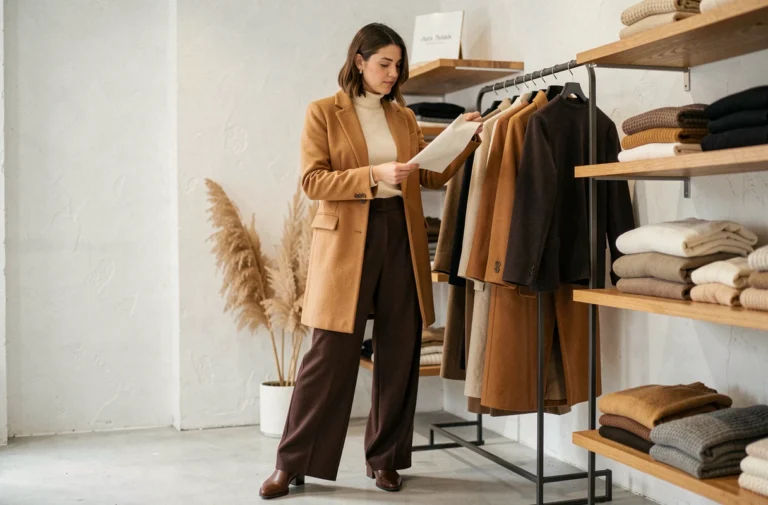 Femme élégante en manteau camel et pantalon large marron dans une boutique de mode parisienne minimaliste