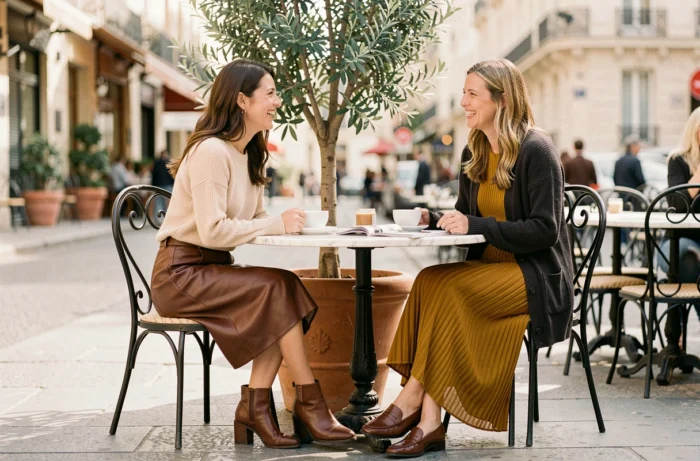 Deux femmes élégamment habillées aux tendances mode automne attablées en terrasse de café parisien, jupe cuir midi et robe plissée moutarde