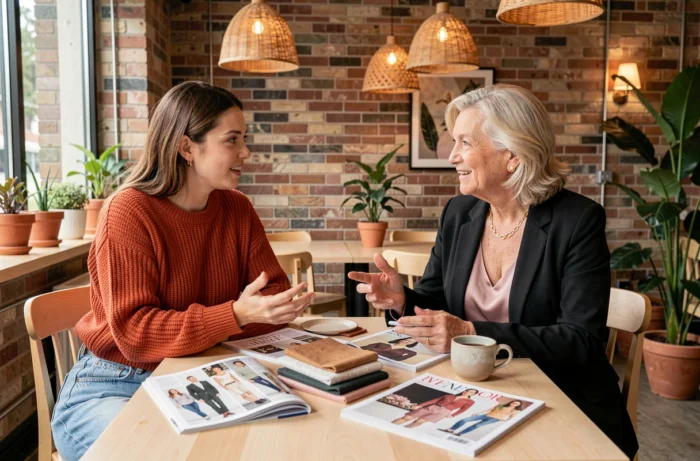 Deux femmes à la mode discutant tendances et astuces stylées autour de magazines dans un café moderne