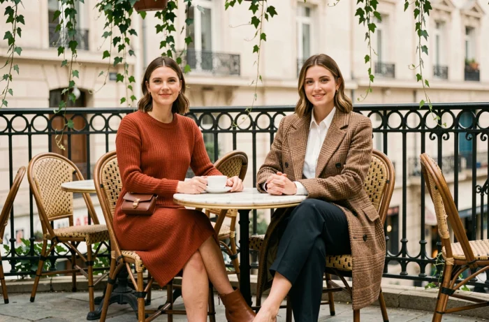 Due donne eleganti sedute a un tavolo all'aperto di un caffè indossando abiti di tendenza autunno-inverno, abito in maglia ruggine e cappotto in lana a quadri