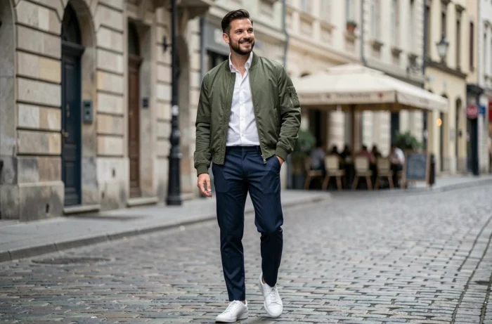 Homme stylé en bomber olive et sneakers blanches dans une rue pavée européenne tendance automne