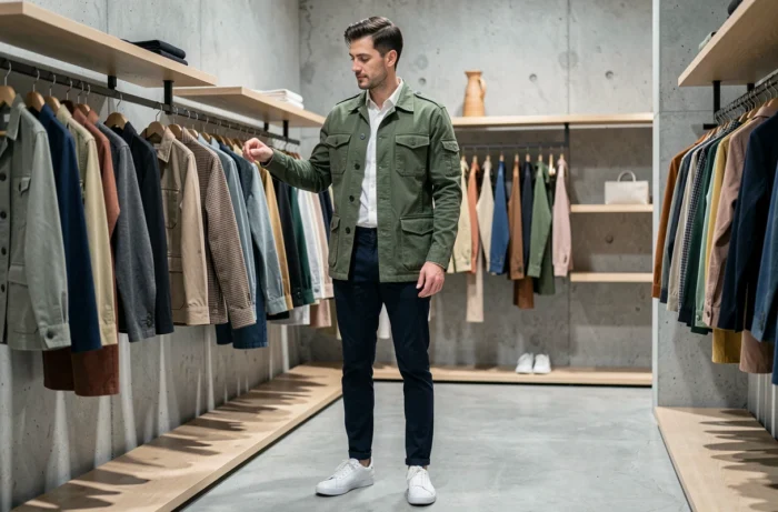 Homme stylé en veste utilitaire verte et chino marine dans un concept store minimaliste, nouvelles tendances mode masculine automne-hiver