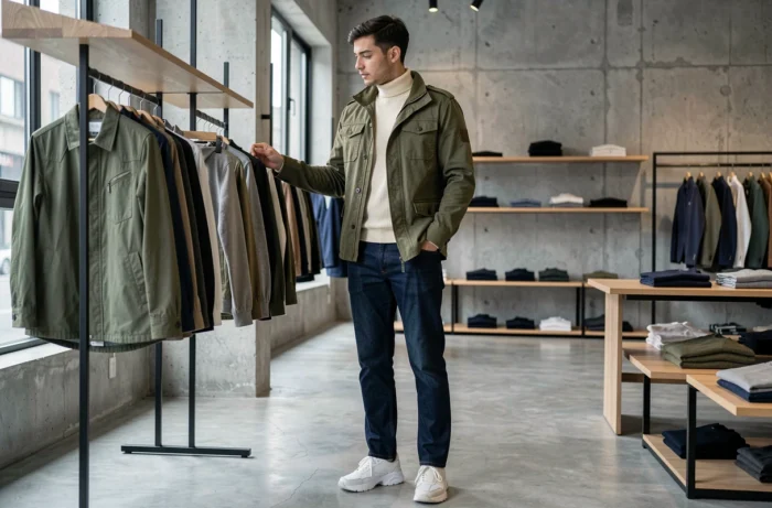 Giovane uomo in giacca utility verde e jeans indigo in un concept store moderno, stile tendenza moda maschile inverno