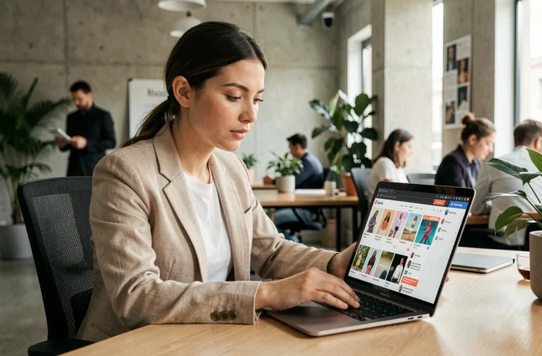 Jeune femme consultant les dernières tendances web sur un ordinateur portable dans un espace de travail moderne