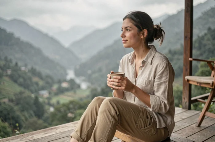 Femme assise sur la terrasse en bois d'une location de vacances en montagne, tenant un café et contemplant la vallée brumeuse