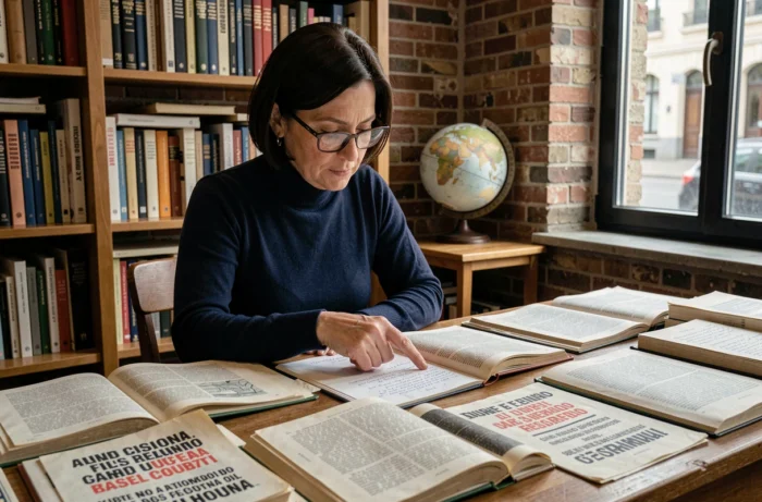 Mulher tradutora analisando um slogan antifascista italiano em seu escritório com livros e anotações manuscritas