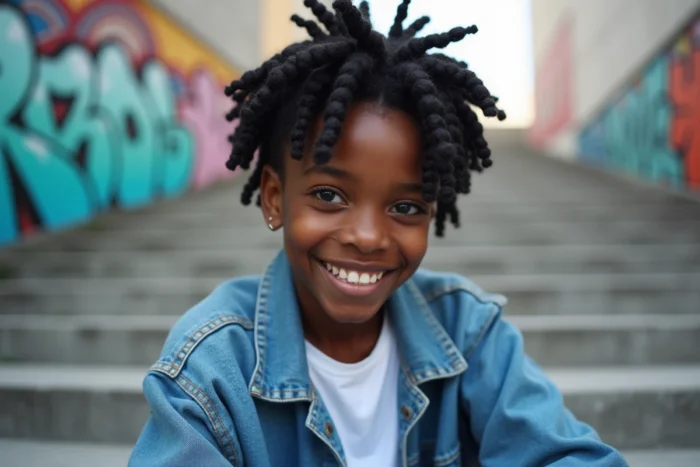 Adolescente noire avec des cheveux afro courts coiffés en two-strand twists en auréole, assise sur des marches urbaines